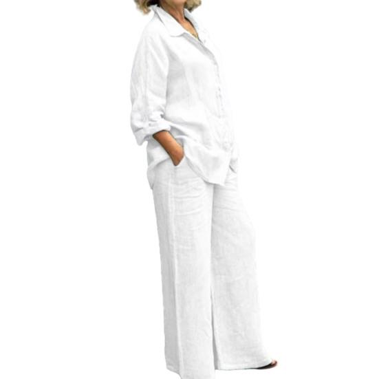 2Pcs/Set Autumn Women Solid Color Casual Outfit Lapel Long Sleeve Single-breasted Shirt Elastic Waist Pockets Straight Wide Leg Pants Set