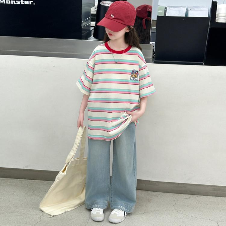 Girls' Summer Retro Striped Short-Sleeved T-Shirt