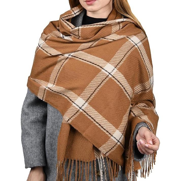 Winter Scarf for Women Shawl Cashmere Feel Tassel Plaid Large Oversized Scarves