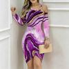 Women Plus Size Asymmetric Cold Shoulder Long Sleeve Dark Beige Swirl Marble Print Irregular Wrap Bodycon Midi Dress
