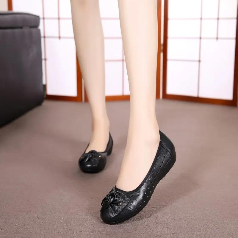 Women's Female Ladies Mother Woman Flats Shoes Loafers Genuine Leather Slip On Summer Round Toe Size 35-43