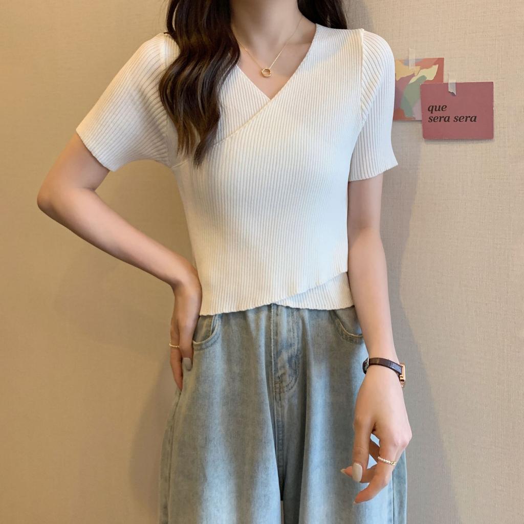 Летняя трикотажная рубашка с V-образным вырезом и короткими рукавами, тонкая узкая футболка, женская дизайнерская модель, короткие топы Sense Cross, повседневные, базовые, удобные, стильные, облегающие, пуловеры, футболки