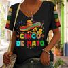 Cinco De Mayo Print T-Shirt, Casual V Neck Short Sleeve Top For Spring & Summer, Women's Clothing