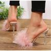 Fashion New Style Popular Transparent Feather High Heels Fur Slippers Woman Peep Toe Mules Lady Pumps Slides White Shoes Zapatos Mujer