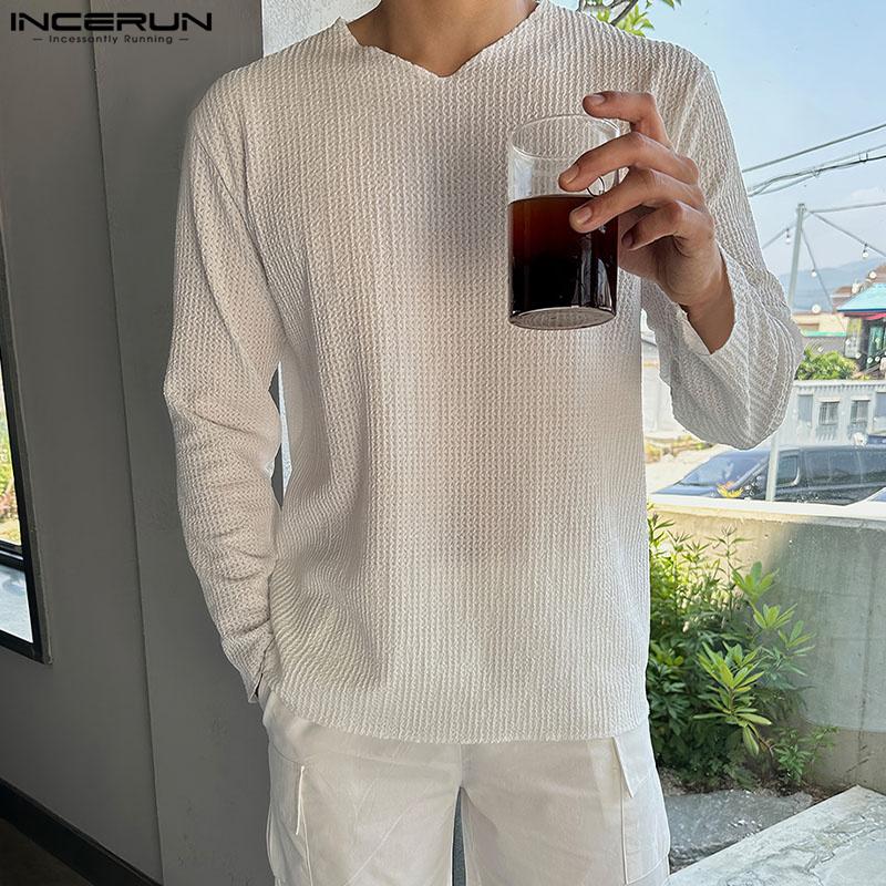 INCERUN Men Spring Long Sleeve Texture Tops Casual Loose Solid Pullovers