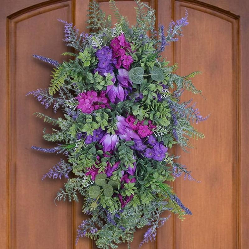 Tulips Wreath for Front Door Spring Artificial Flower Wreath with Hyacinths Hydrangeas Lavenders Wall Hangings Decorations