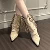 Tassels Suede Mid-calf Women Chelsea Boots Retro Pointed Toe Mid Heels Winter Shoes New Designer Shoes 2024 Gladiator Chaussures