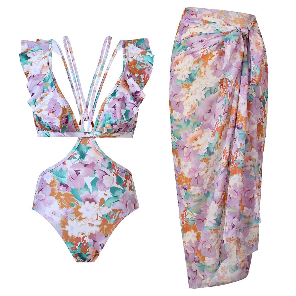 New Sexy One-piece Swimsuit for Women Halter Neck Chiffon Skirt Swimsuit Set