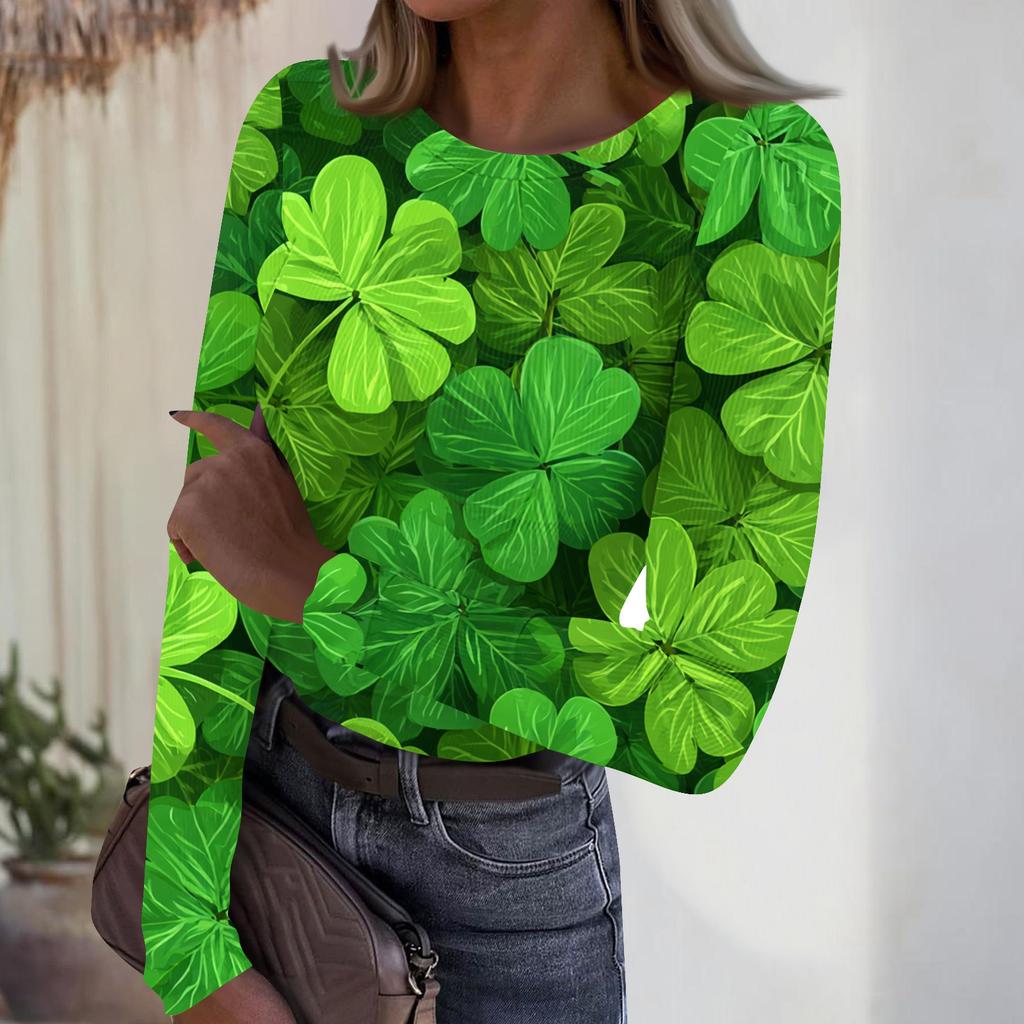 Women's Casual Fashion Round Neck St. Patrick's Day Print Long Sleeve Ribbed Top