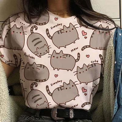 Высококачественная уличная модная женская свободная и удобная футболка с коротким рукавом и кошачьим принтом, новая летняя повседневная футболка с круглым вырезом 2024 года