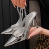 Fashion Shiny High Heels Slingback Women Pumps Metallic Crystal Sandals Pointy Toe Stiletto Heeled Shoes Silver Party Dress Shoes Woman