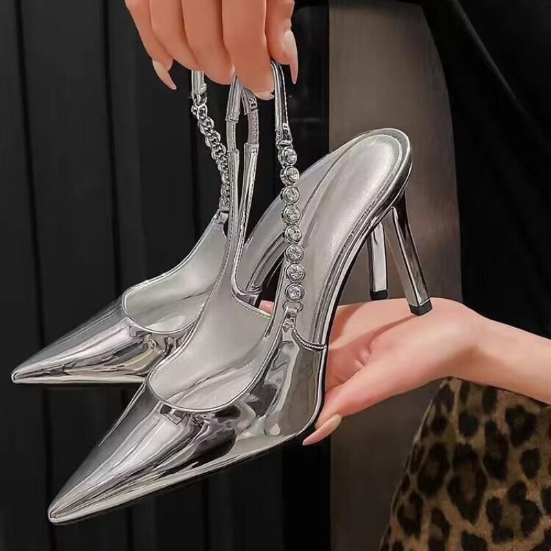 Женские туфли-лодочки на блестящем высоком каблуке с открытой пяткой, сандалии с металлическими кристаллами, туфли на шпильке с острым носком, серебряные вечерние модельные туфли, женские туфли