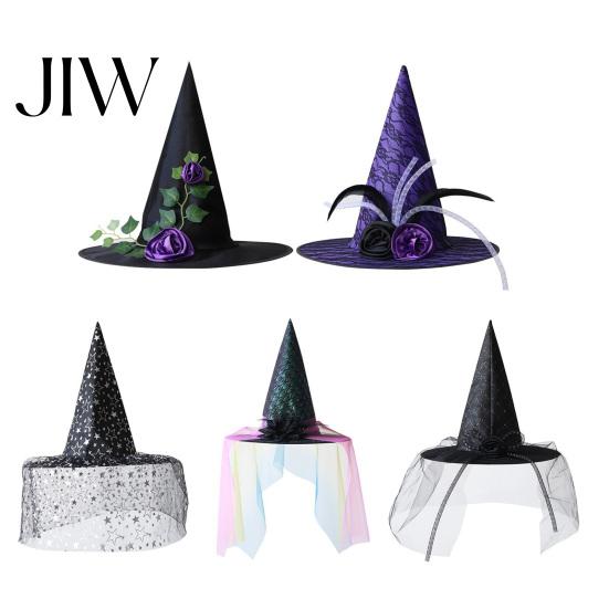 Retro Style Costume Hat Halloween Star Witch Hat, Mesh Veil Rose Feather Cone for Women, Gothic Party Headwear, Adult Cosplay Accessory Mysterious