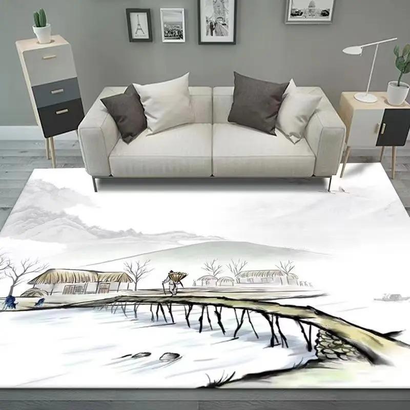 Розовый ковер с пейзажем тушью цветущего персика, элегантный ковер для домашнего декора в китайском стиле с поэтическим очарованием гор и воды для жилого пространства