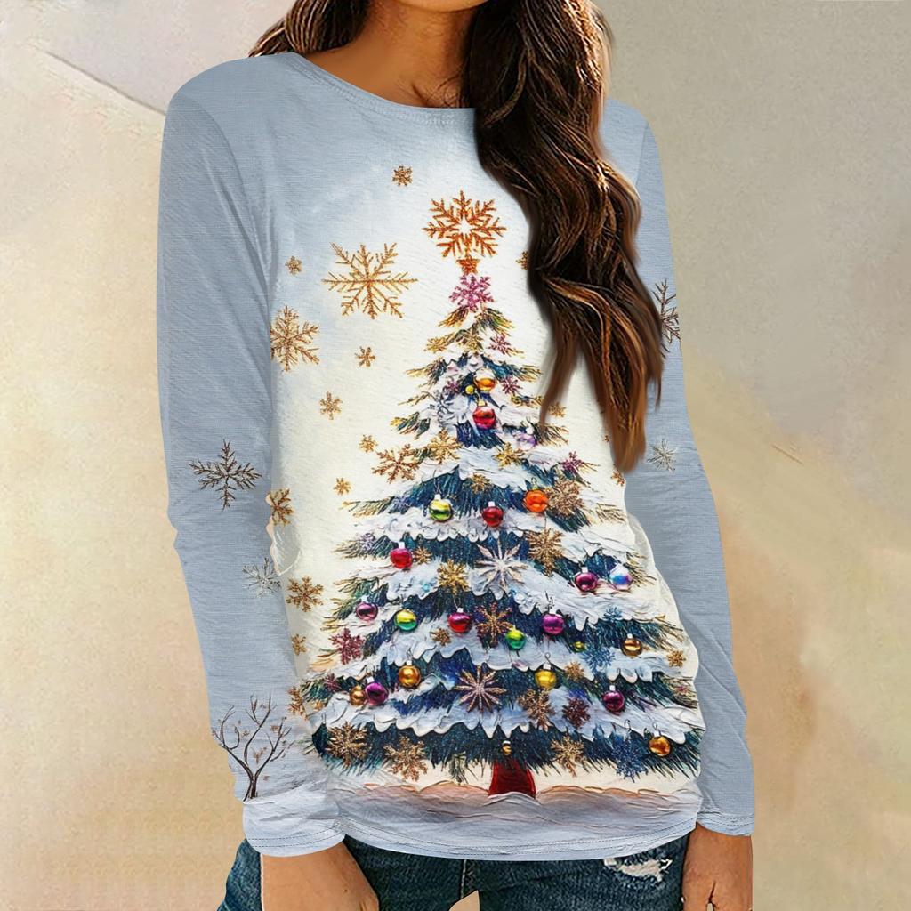 Женская мода круглый вырез пуловер с глубокими рукавами футболка с рождественским принтом топ
