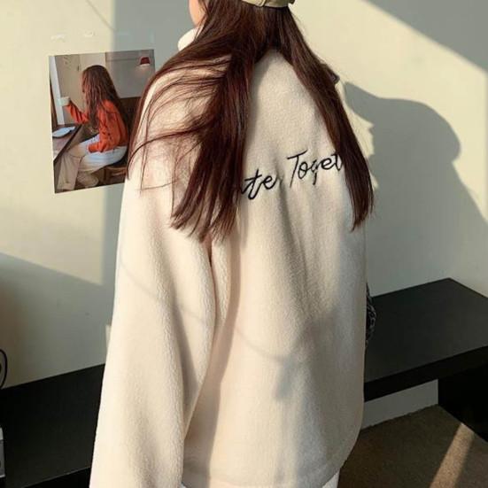 Женская зимняя куртка из искусственной овечьей шерсти с воротником-стойкой и карманами с длинными рукавами на молнии, толстовка, пальто, утолщенная плюшевая верхняя одежда с рисунком медведя из мультфильма