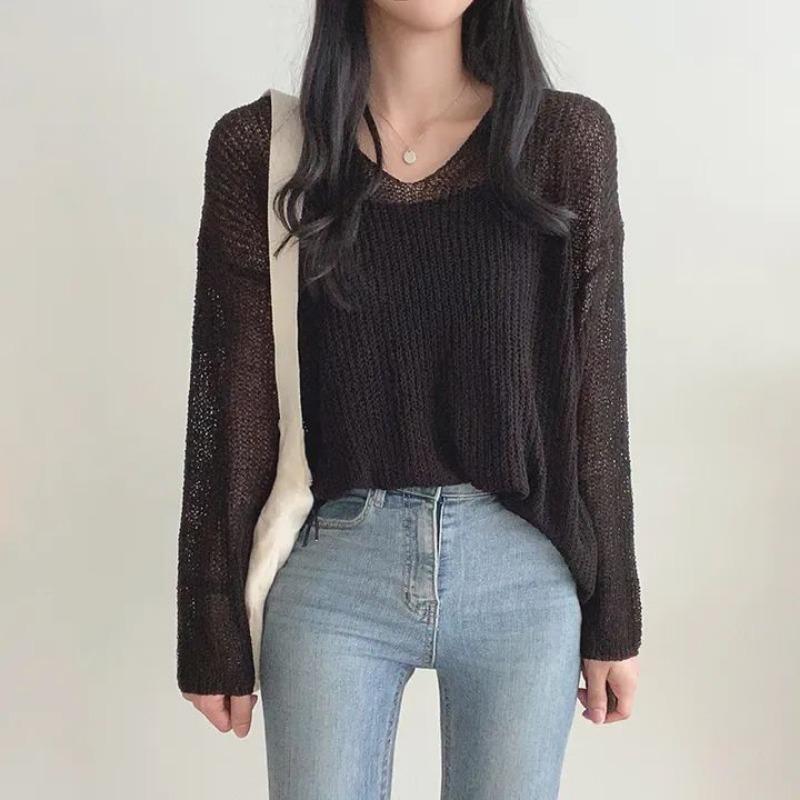 V-neck Fashion Loose Pullover Knitted Sweater Thin Sunscreen Blouse Women Long Sleeve Cover Up 2025 New Elegant Solid Knitwear Korean Solid Color Top