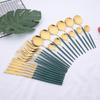 24Pcs (6set ) Mirror Dinnerware Gold Fork Spoon Knife Tableware Food Grade Stainless Steel Flatware Set Green Handle Silverware Set