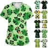 Ladies' St. Patrick Print Fashionable V-neck Pocket Short Sleeved Uniform And Caregiver Top