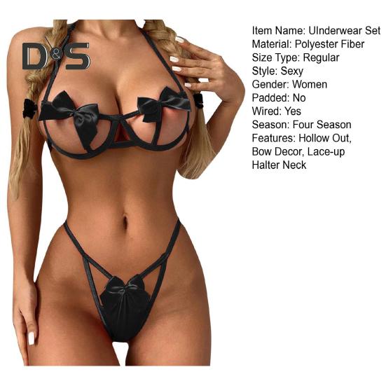 Комплект женского нижнего белья из 2 предметов с бантом, ажурный, с тремя точками шнуровки, халтер, бюстгальтер для медового месяца, стринги, комплект с высокой талией, откровенные стринги