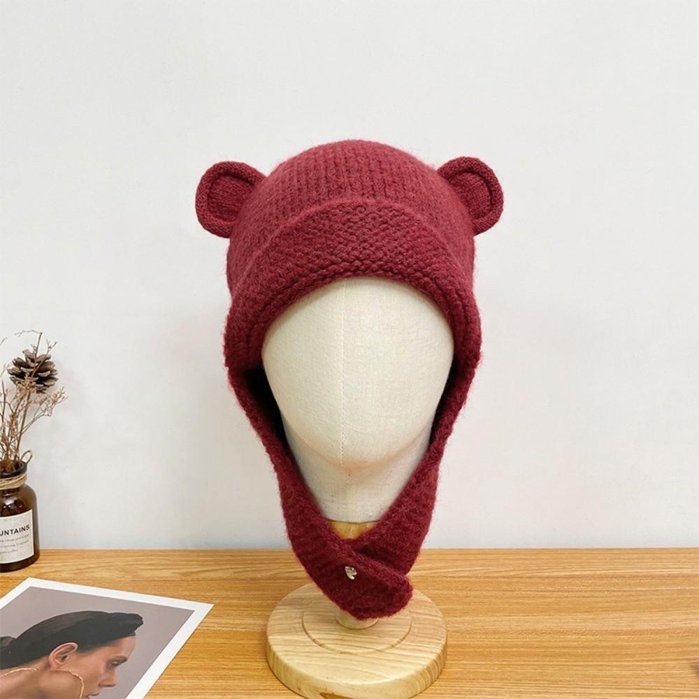 Cute Warm Beanie Hats Y2k Ear Protection Cap Fashion Bear Ear Knitted Cap  Streetwear