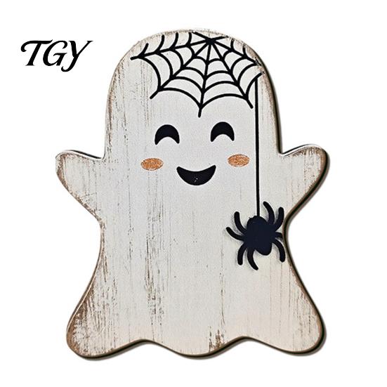 Halloween Wooden Table Decor Tabletop Decorative Plaque, Rustic Distressed Wood Art Sign, Cute Tiered Tray Decorations Ghost Patterns Design,