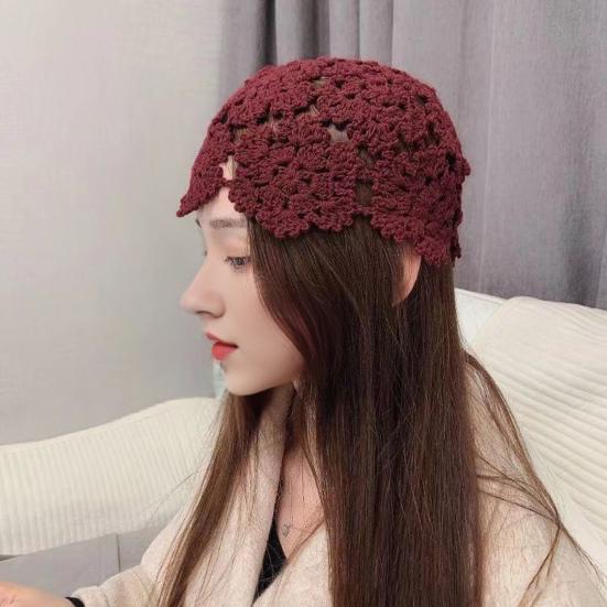 Women Knitting Hat Hollow Crochet Flower Pattern Breathable Handcrafted Hat Outdoor Work Street Wear