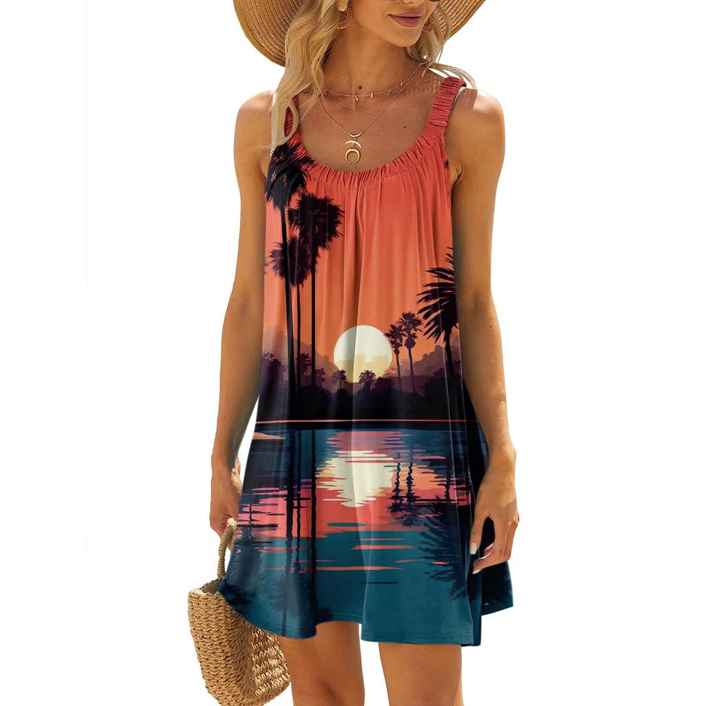 Женское модное летнее пляжное повседневное милое платье на бретельках без рукавов с принтом