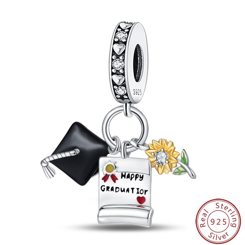 Выпускной Серия 925 Чистого Серебра Шляпа Бакалавра Сертификат Цветы Шармы Бусины Подходит Pandora Оригинальные Браслеты DIY Ювелирные Изделия