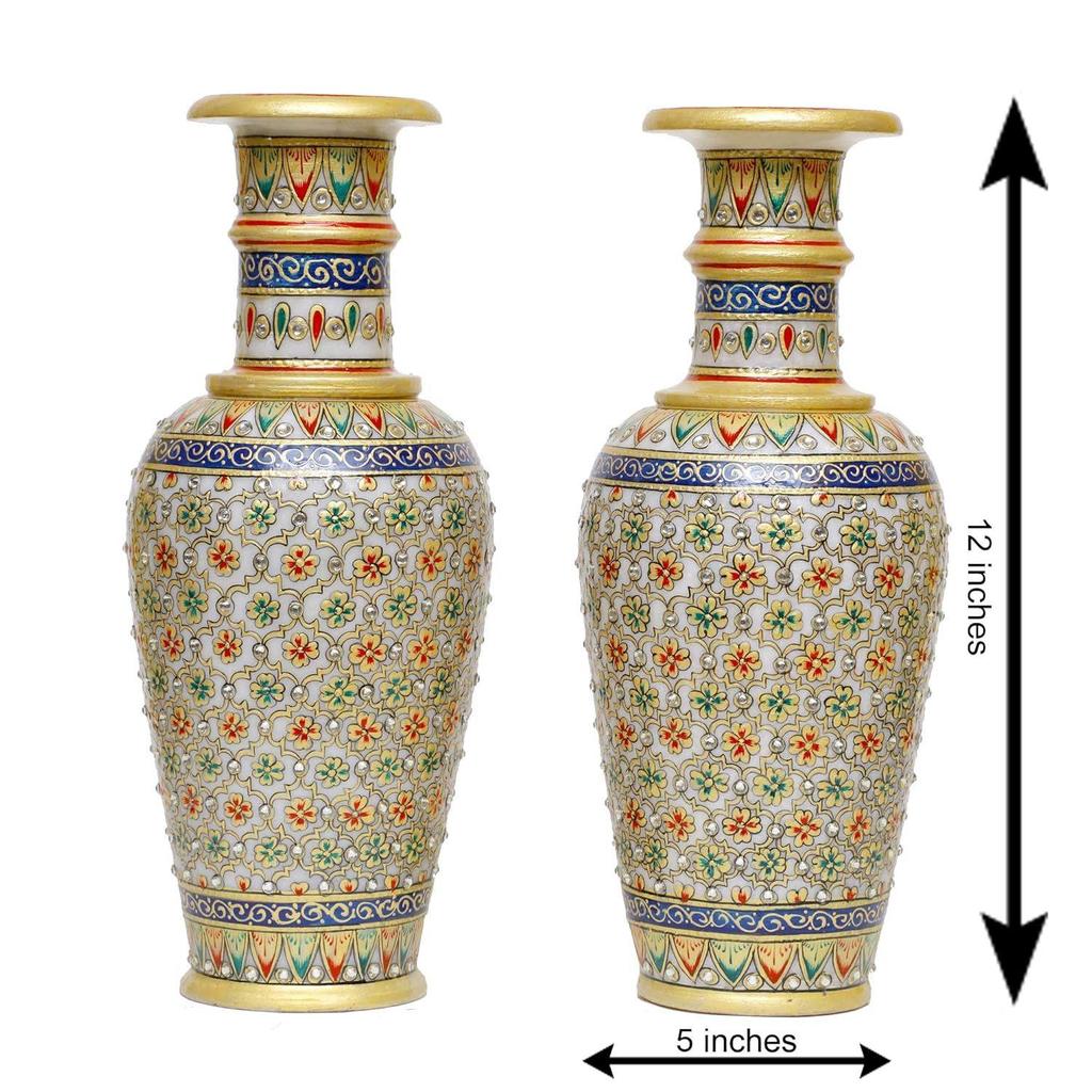Designer Decorative Marble Flower Vase | Round Shape Beautiful Sea Color Rajasthani Meenakari Handpainted Work Showpiece Vases for Home