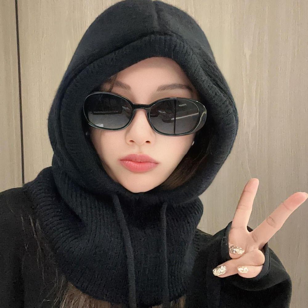 Ветрозащитная вязаная шапка с капюшоном, однотонная шапка-бини с воротником, кавайная шапка-балаклава для девочек