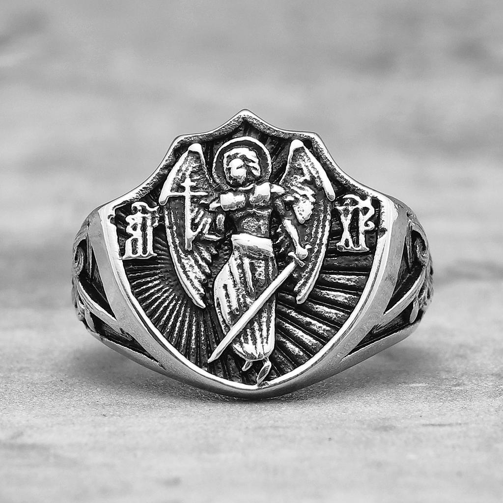 Archangel St.Michael Religion Amulet Stainless Steel Mens Rings Punk for Male Boyfriend Biker Jewelry Creativity Gift