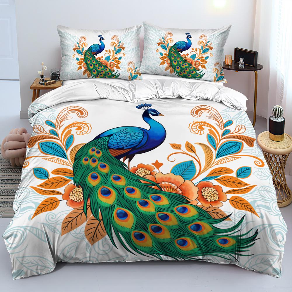 Simple peacock 3d printing thickened polished bed high-end quilt cover, dormitory three-piece bedding