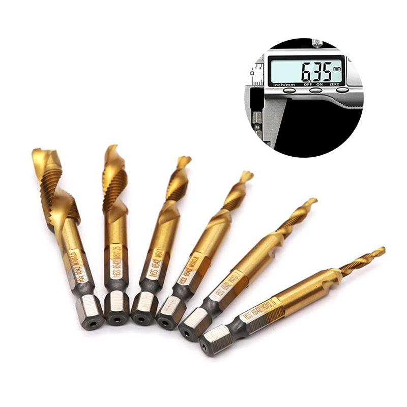 6 шт. быстрорежущей стали M3-M10 с титановым покрытием композитный метчик шестигранное сверло и метчик интегрированный метчик машина с инструментом для снятия фаски отверстия