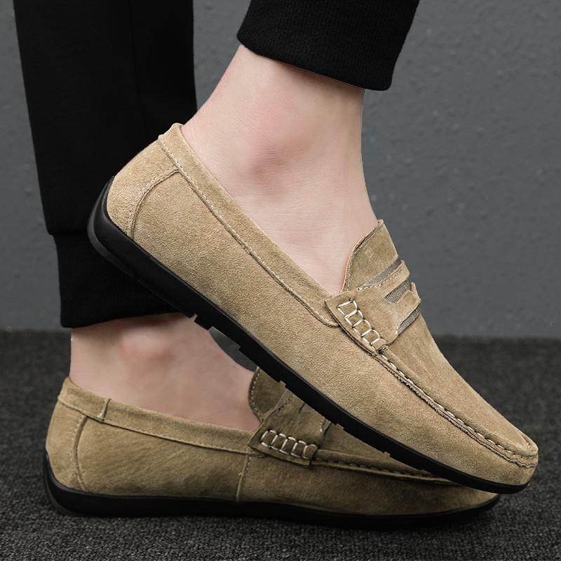 Fashion 2025 Men's Grey Suede Finish Loafers Leather Elastic Gusset Stitch Detailing Slip-Resistant Driving loafers Large size 38-45