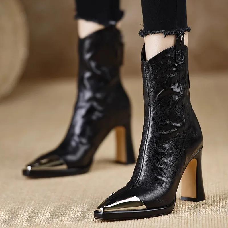 Pointed Toe Ankle Boots for Women Autumn Winter New Thick Heel PU Leather Boots Female Elegant High Heels Short Booties