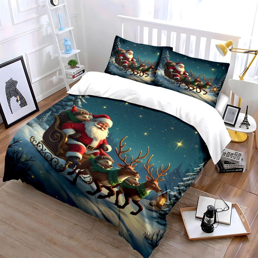 Santa Sleigh with Reindeer Bedding Duvet Cover Set Duvet Cover Pillowcases (1*Duvet Cover 2*Pillowcases, without duvet insert)