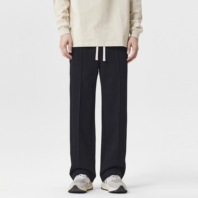 2026 Mens Casual Straight Leg Sweatpants 320g Black Loose Fit Vertical Stripes