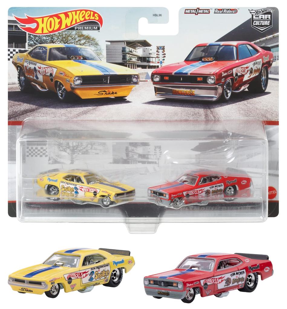Hot Wheels Premium 2 Pack Plymouth Cuda Duster Funny Car Years Old and HFF29 '72 FC/Plymouth [3 Up] Yellow/Red