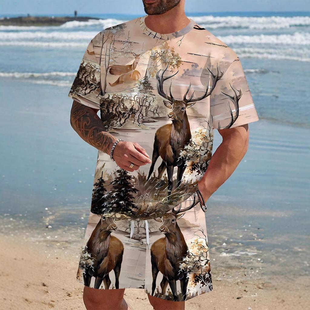 Cool Lion Pattern Series 3D Printed Men's Short Sleeve Set Novelty T-shirt