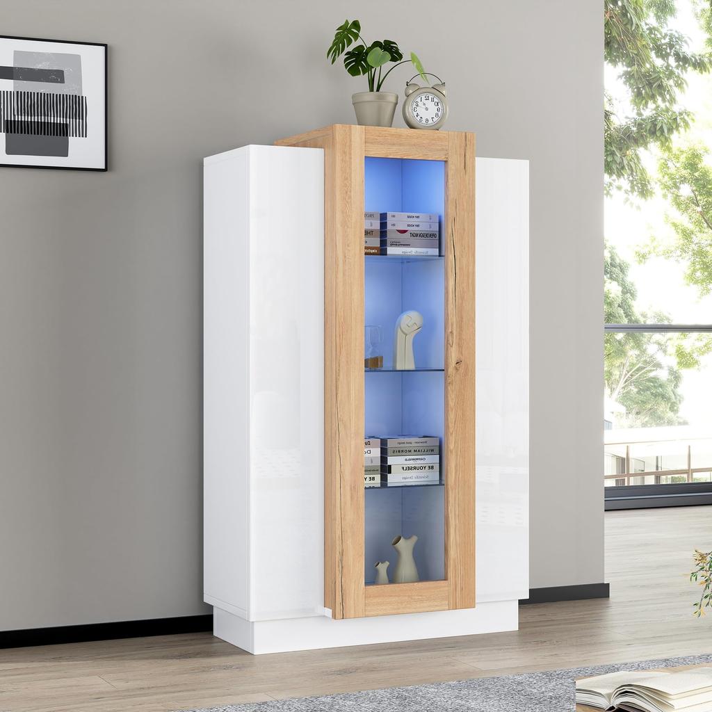Vitrinenschrank 160cm, Glasvitrine LED-Beleuchtung Schwarz Hochglanz, Moderne Highboard Kommode viel Stauraum Wohnzimmer Küche Büro