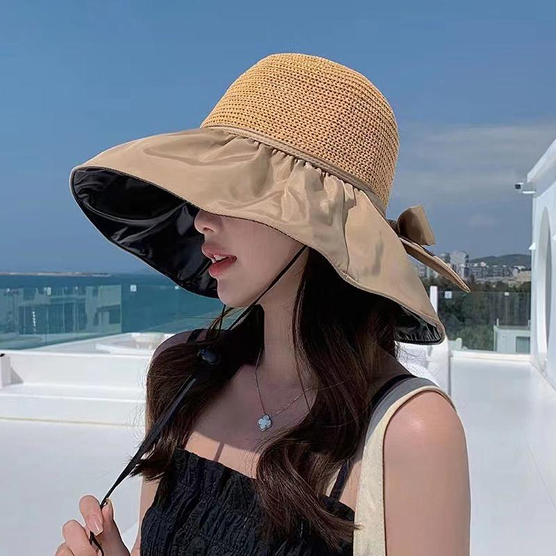 Summer New Women'S Bucket Hat, Uv Protection Sun Hat Solid Color Wide Brim, Foldable Beach Outdoor Ponytail Cap