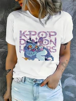 Женская футболка с графикой в стиле K-pop, милый принт в стиле чиби с корейской поп-музыкой и текстом K-pop, мягкий круглый вырез, короткий рукав