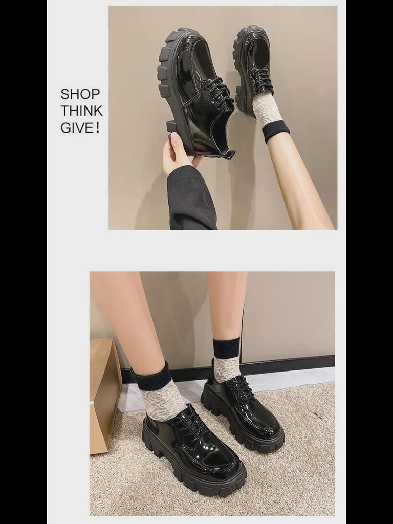 2023 Spring/Summer Women's British Style Platform Leather Loafers: Round Toe, Thick Sole, Lace-up, Casual JK