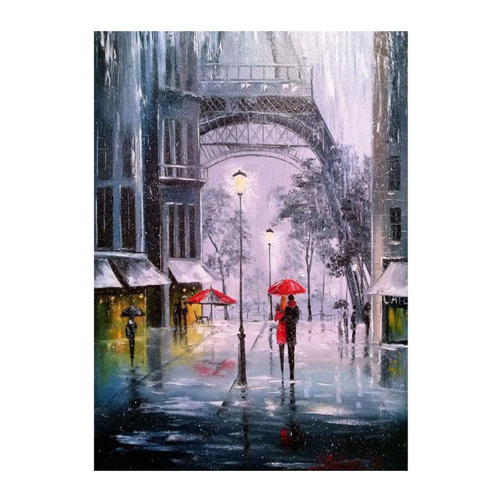 Влюбленная пара с зонтиком, идущая по улице, Эйфелева башня, холст, картина маслом, постер, осенний пейзаж, настенное искусство, домашний декор