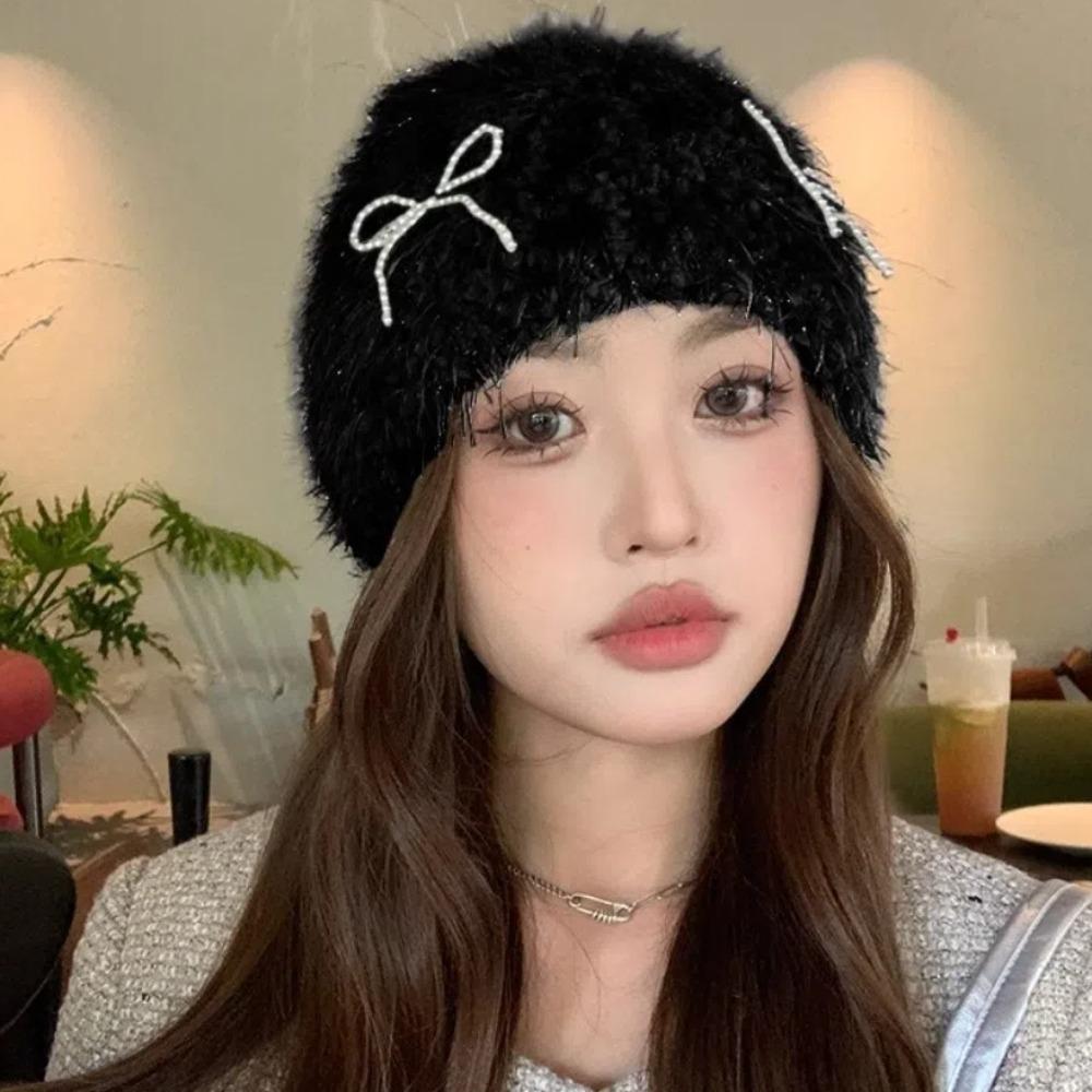 Korean Style Pearls Bow Woolen Hat Colorful Brimless Beanie Cap Knitted Pullover Hat  Women