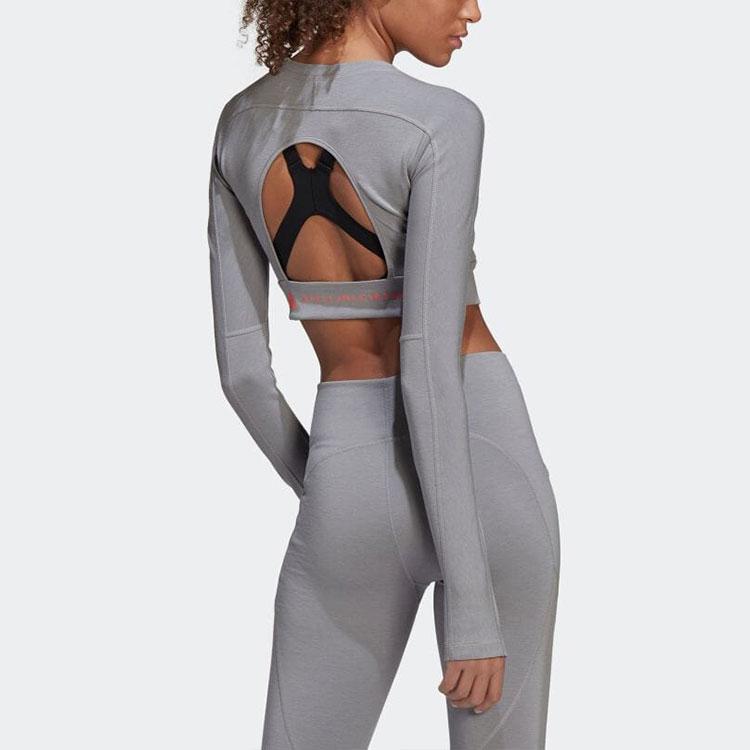 Adidas Футболка женская однотонная с круглым вырезом и длинным рукавом с принтом логотипа, серая HD9061