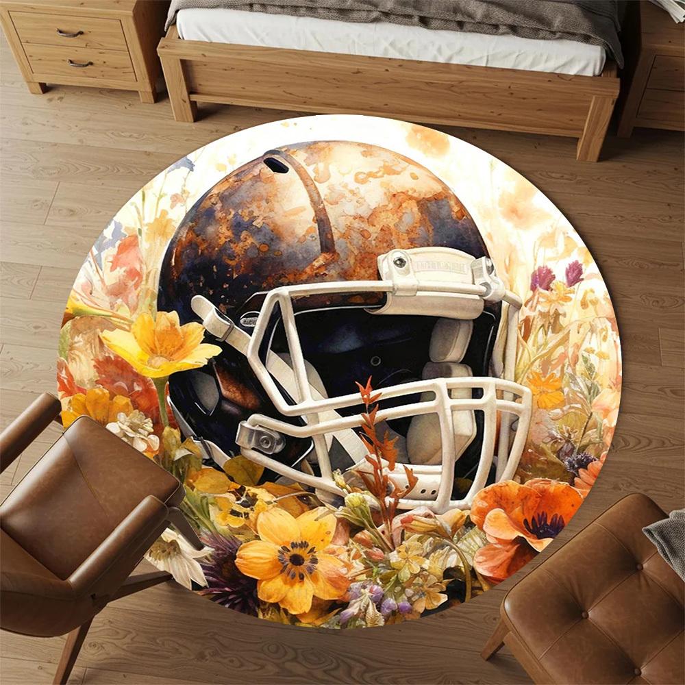 1pc Football helmet Flowers Round Chair mat office Area Rug - Non-Slip, Floor Mat for Office, Bedroom, Ideal home decor gift c0112053