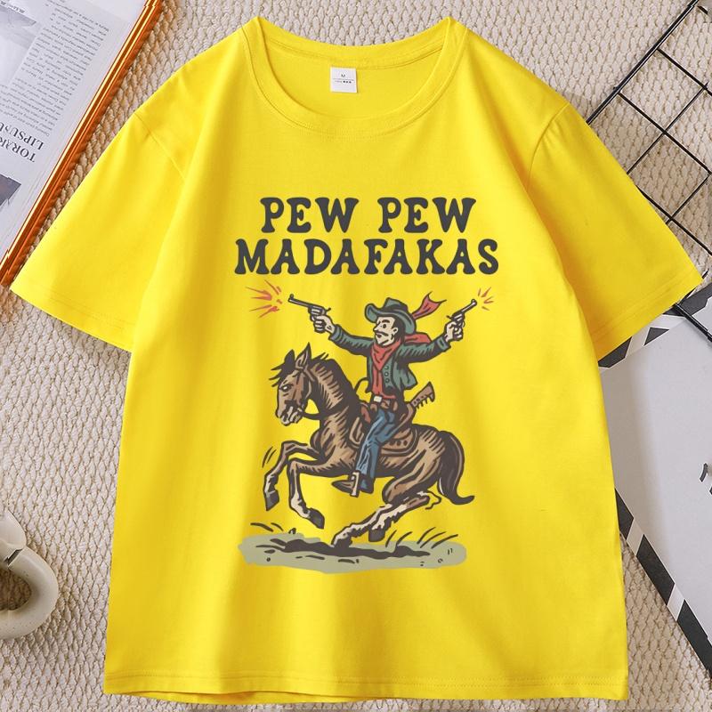 Retro Cowboy TShirt Pew Pew Madafakas Tshirt Funny Western Vintage Graphic Tee Cotton Short Sleeve Printed T Shirt Clothes