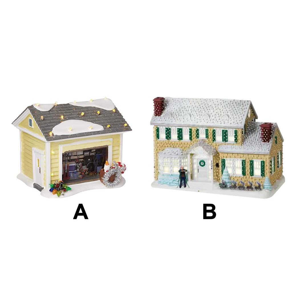 Christmas Village House LED Lighted Desk Building Resin House Statue Ornaments for Tabletop